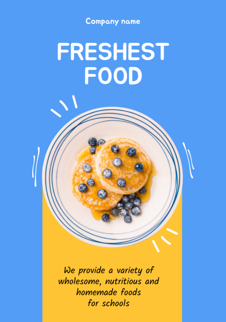 School Food Ad with Appetizing Pancakes Flyer A5 Modelo de Design