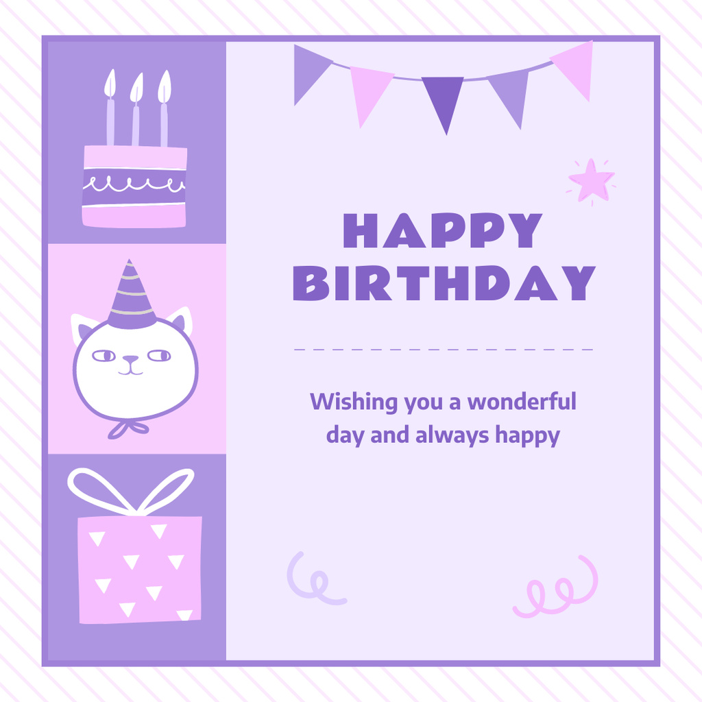 Happy Birthday Wishes with Cute Lilac Cat Instagram Design Template