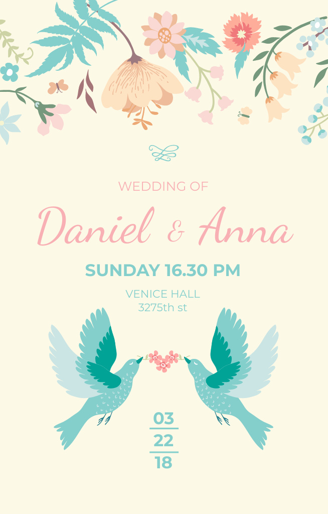 Platilla de diseño Wedding Announcement With Loving Birds and Flowers Invitation 4.6x7.2in