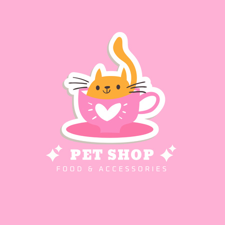 Pink Pet Shop Emblem with Cat in Cup Logo 1080x1080px Design Template