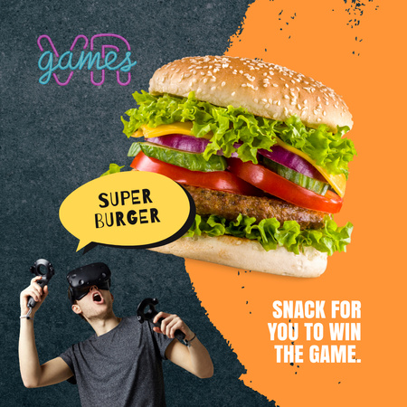 Template di design Super hamburger per i giocatori grigio e arancione Instagram