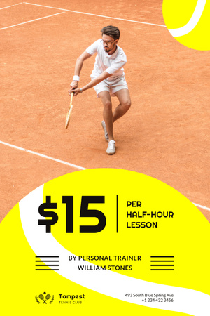 Tennis Club Ad with Player at the Court Pinterest Design Template