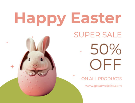 Modèle de visuel Annonce de vente de Joyeuses Pâques avec un lapin mignon et un panier d'oeufs de Pâques - Thank You Card 5.5x4in Horizontal