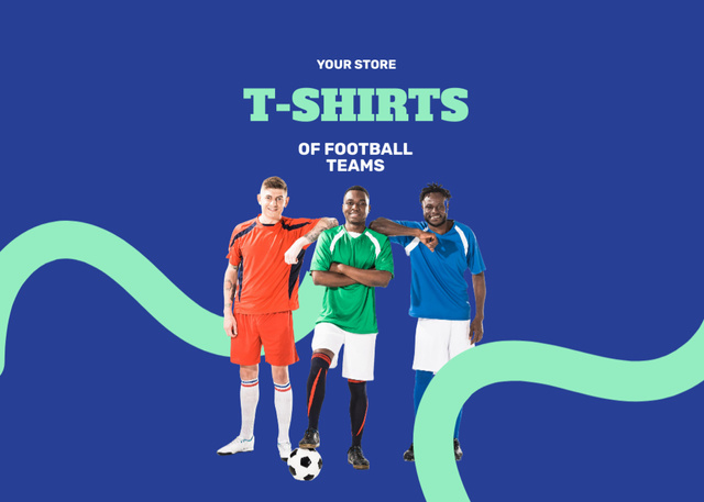 Ontwerpsjabloon van Flyer 5x7in Horizontal van Football Players Offer Branded Football Team Uniform on Blue