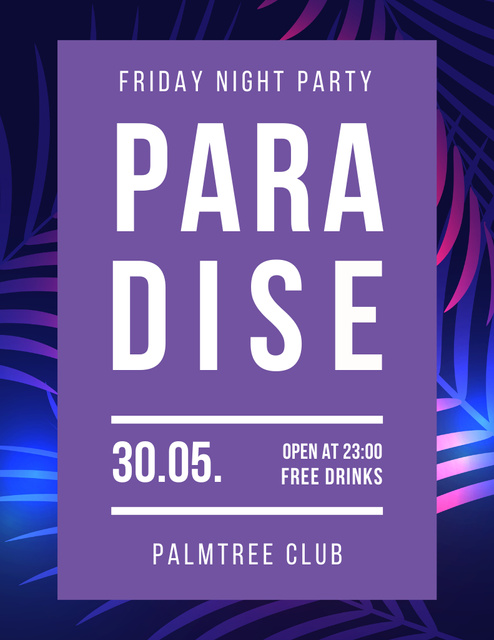 Night Party with Tropical Palm Trees Illustration Poster 8.5x11in Šablona návrhu