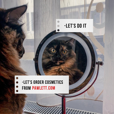 Ontwerpsjabloon van Instagram van beauty store advertentie met grappige kat op zoek in spiegel