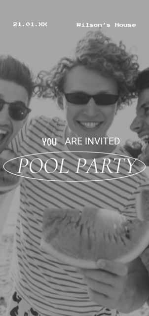 Platilla de diseño Pool Party Announcement with Cheerful Men Eating Watermelon Flyer DIN Large