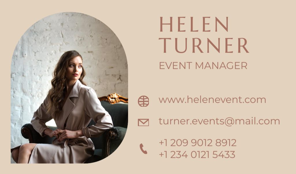 Ontwerpsjabloon van Business card van Event Manager Services Offer with Beautiful Woman