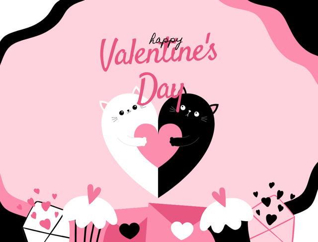Cute Valentine's Day Celebration With Cats And Cakes Postcard 4.2x5.5in – шаблон для дизайна