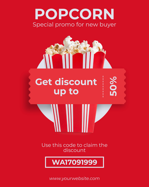 Designvorlage Promo Code Offers with Discount on Popcorn für Instagram Post Vertical