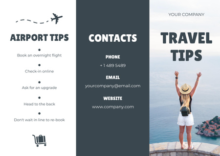 Ontwerpsjabloon van Brochure van Tips for Tourists with Woman on Sea Coast