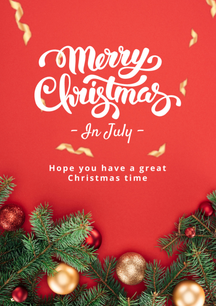 Christmas in July Bright Greeting in Red with Branches Flyer A7 Design Template