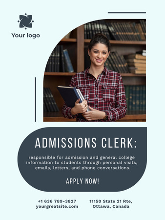 Responsible Admissions Clerk Services Ad In Blue Poster US Design Template