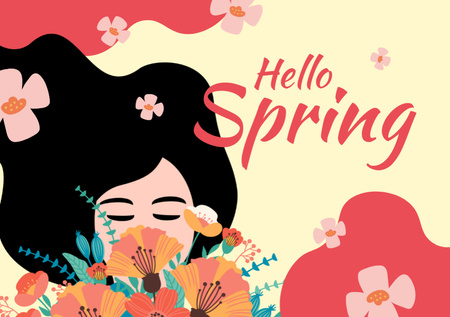Dreamy Girl With Blossoming Flowers Postcard A5 Tasarım Şablonu