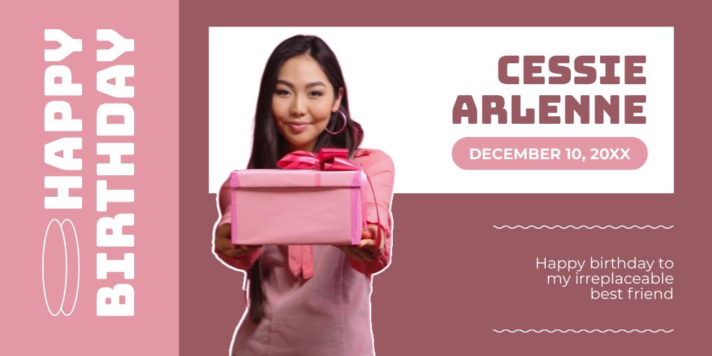 Designvorlage Beautiful Asian Woman with Pink Gift Box für Twitter