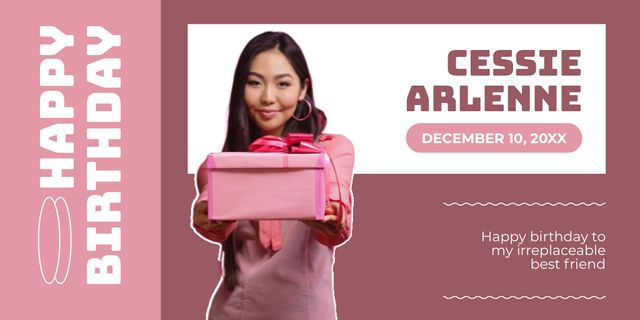 Beautiful Asian Woman with Pink Gift Box Twitter Šablona návrhu