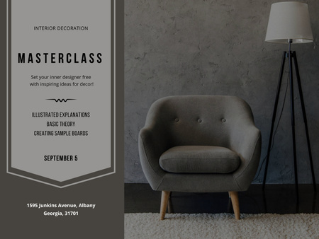 Interior Design Masterclass Ad with Grey Chair Poster 18x24in Horizontal Πρότυπο σχεδίασης