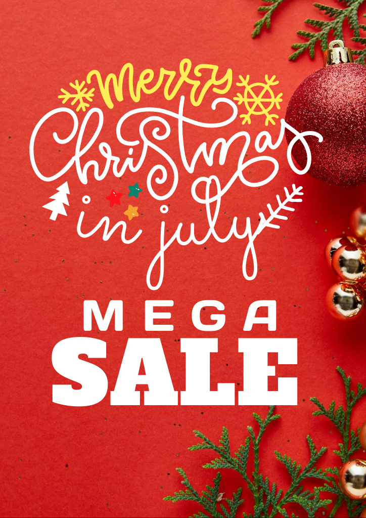 July Christmas Sale Announcement on Red with Decorations Flyer A4 – шаблон для дизайна