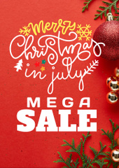 July Christmas Sale Announcement on Red with Decorations