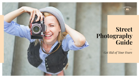 Plantilla de diseño de Guía de fotografía callejera Mujer con cámara en la ciudad Presentation Wide 