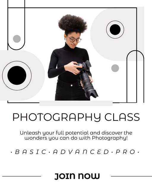 Photographer Class Offer with Young African American Woman Instagram Post Vertical Modelo de Design