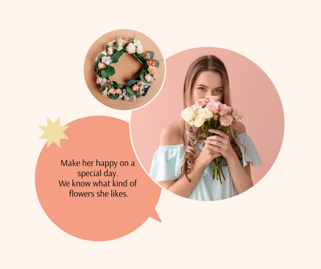 Platilla de diseño Happy Woman holding Flowers Bouquet Facebook