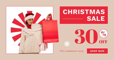 Woman on Christmas Sale Shopping Red Facebook AD Design Template
