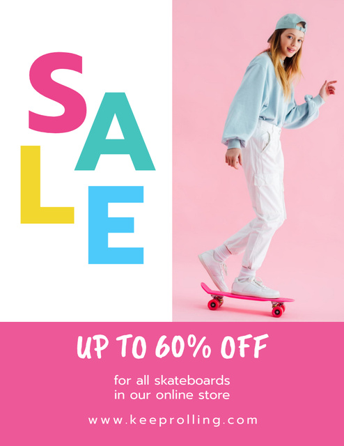 Skateboards Sale Promo with Teenage Girl Poster 8.5x11in Design Template