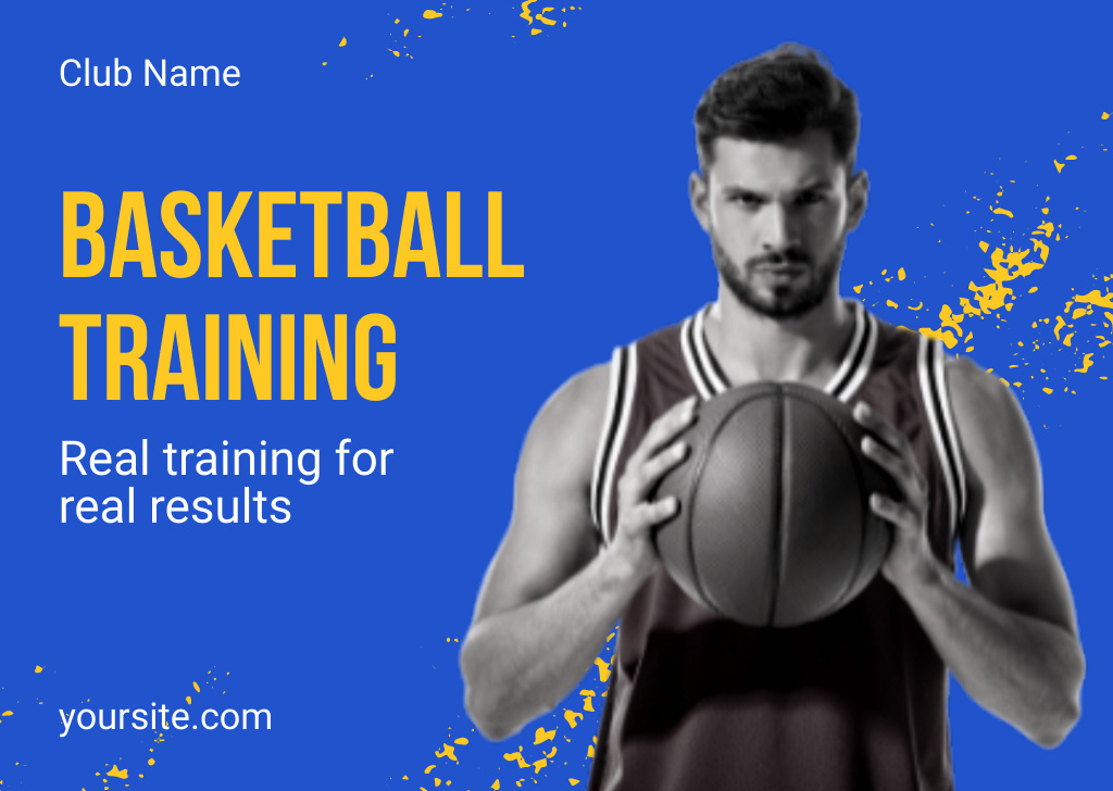 Player on Basketball Training Ad Blue Postcard Design Template