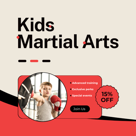Desconto promocional em artes marciais para crianças Instagram AD Modelo de Design