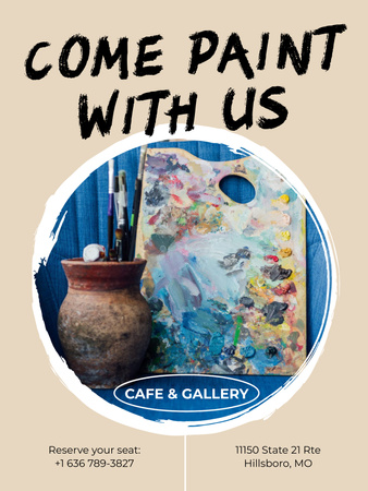 Café vibrante e galeria com tintas e pincéis Poster US Modelo de Design