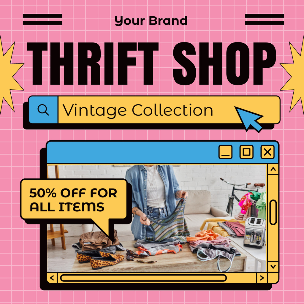 Modèle de visuel Bygone Clothing In Thrift Shop With Discounts - Instagram AD
