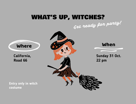 Szablon projektu Halloween Party Ogłoszenie Z Czarownicą Na Miotle Invitation 13.9x10.7cm Horizontal