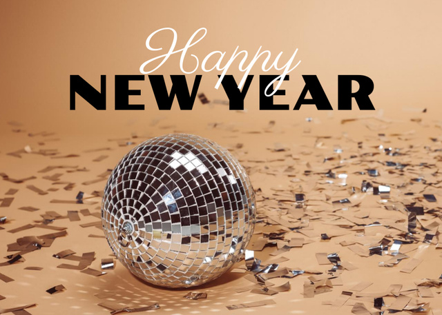 Template di design Bright New Year Holiday Greeting with Confetti and Disco Ball Postcard 5x7in