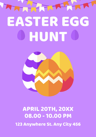 Template di design Annuncio di caccia all'uovo di Pasqua con uova colorate su viola Poster
