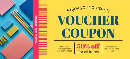 Stationery Discount Voucher on Yellow Coupon 3.75x8.25in Design Template