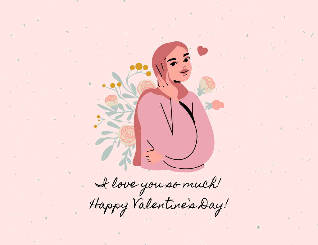 Bright Valentine's Day Greeting with Muslim Woman Thank You Card 5.5x4in Horizontal Modelo de Design