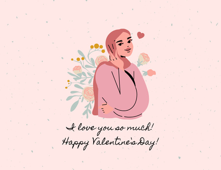 Happy Valentine's Day Greeting with Muslim Woman Thank You Card 5.5x4in Horizontal Design Template