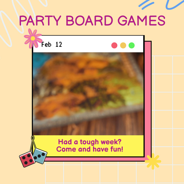 Board Game Party In Anti Café With Dices Animated Post Design Template