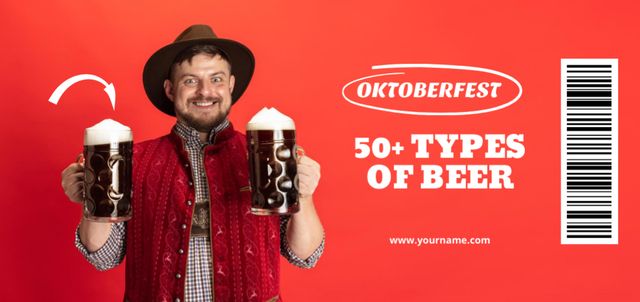 Man holding Cold Oktoberfest Beer Coupon Din Large – шаблон для дизайна