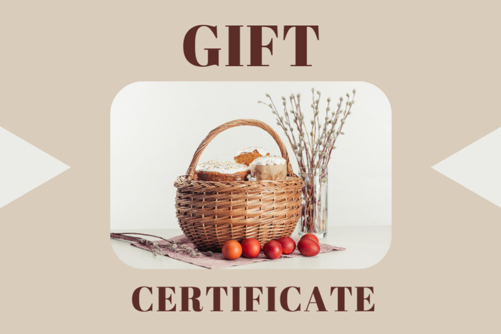 Ontwerpsjabloon van Gift Certificate van Painted Eggs Next to Basket with Easter Cakes and Catkins in Vase