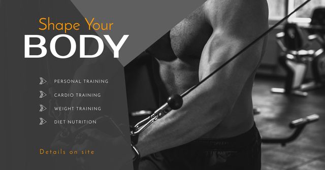 Designvorlage Gym Promotion With Body Shaping Trainings Sale Offer für Facebook AD