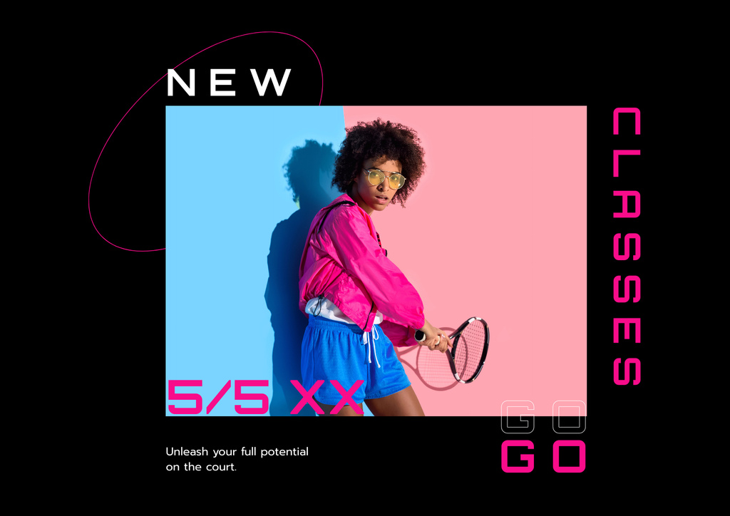 Plantilla de diseño de Fitness Classes ad with Sportive Woman with Racket Poster A2 Horizontal 