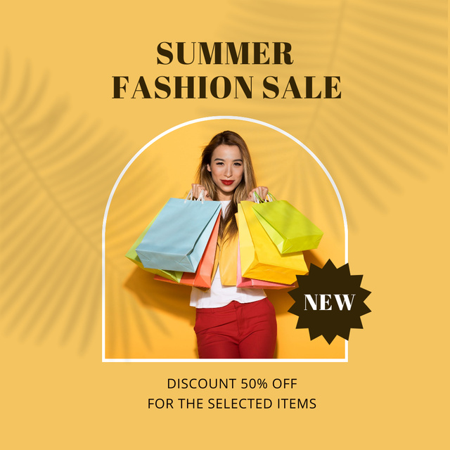 Lady with Shopping Bags for Summer Fashion New Collection Sale Ad  Instagram Šablona návrhu