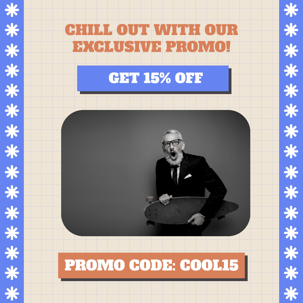 Exclusive Sale Ad with Old Man holding Skateboard Instagram Design Template