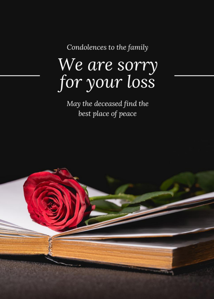 Sending Heartfelt Condolences With Book and Rose Postcard 5x7in Vertical Tasarım Şablonu