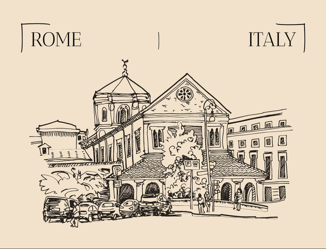 Urban Sketch Illustration of Rome on Beige Postcard 4.2x5.5in Design Template