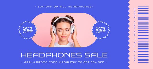 Promo of Headphones Sale with Woman listening Music Coupon 3.75x8.25in Tasarım Şablonu