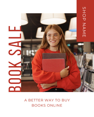 Platilla de diseño Books Sale Ad with Smiling Young Woman Instagram Post Vertical