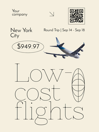 Cheap Flights Ad with Flying Plane Poster US Design Template